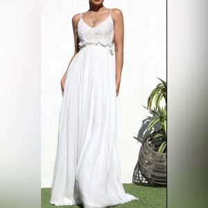 Adym Off White Lace Empire Vee Open Back Maxi Dress
